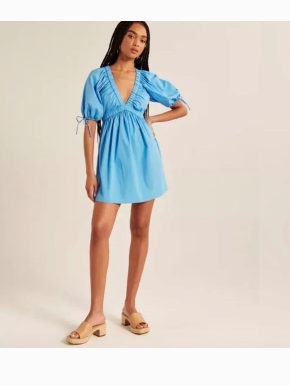 Abercrombie & Fitch Blue Puff Sleeve Mini Dress Size Large Tall V-neck Dress